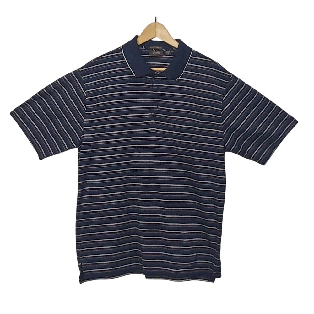 Tasso Elba Mens Striped Polo M Navy Blue Short Sleeve Casual Golf Sports‎